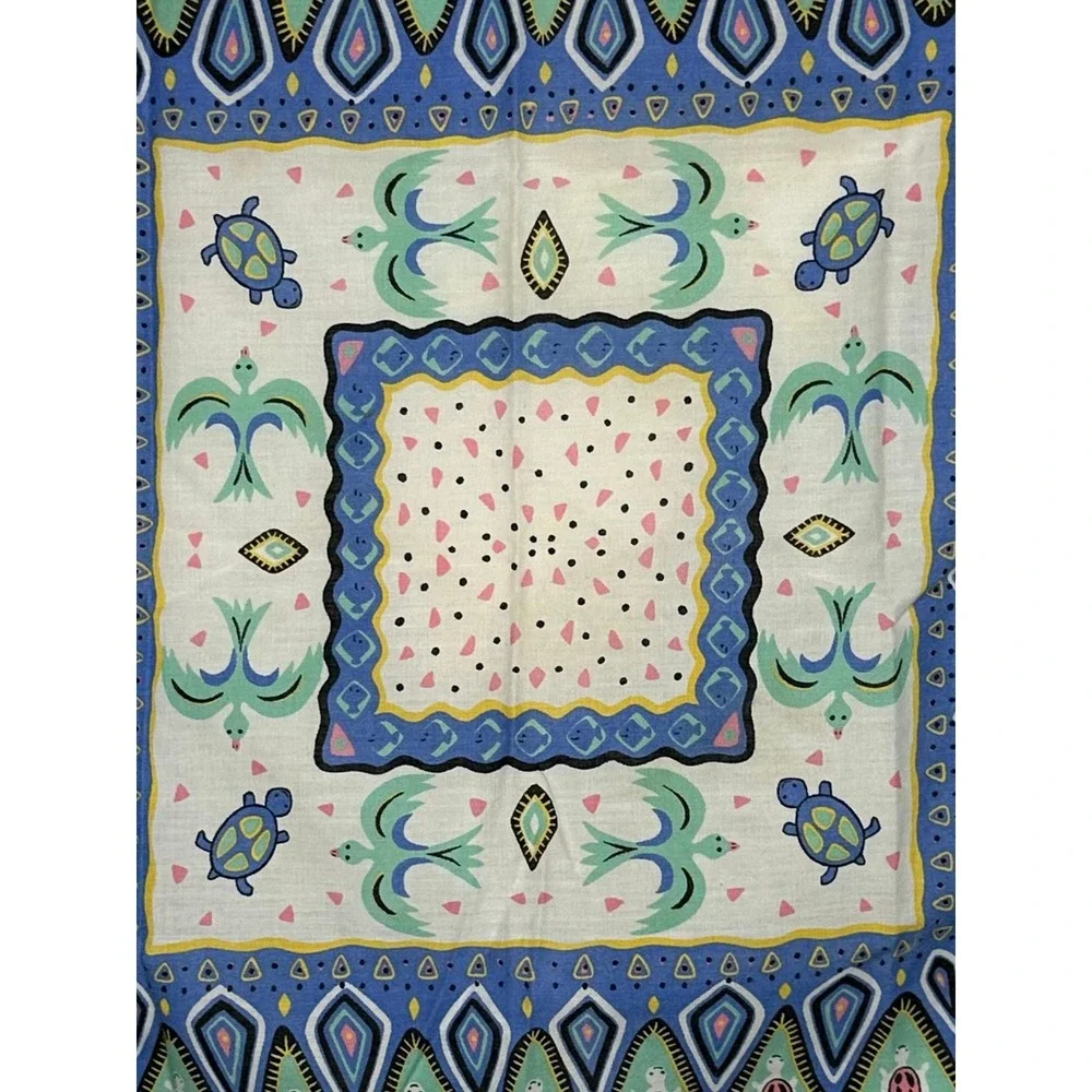 Vintage Sea Turtle Fish Bird Bandana White Blue Green Novelty Scarf Made in USA